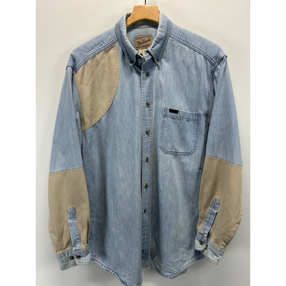 Vtg Woolrich Denim Shirt Sz Large Men's Quilted Shoulder Workwear Shooting Hunt